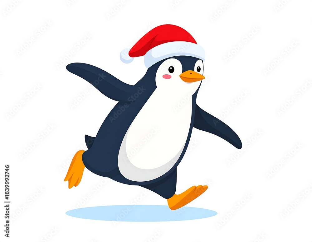Fototapeta premium Adorable cartoon penguin runs, wearing a red and white Santa hat, happy