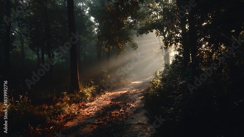 Bright pathway through forest illuminated by early morning light