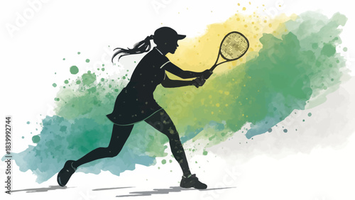 Female tennis player preparing to serve, athletic action, dynamic sport, vector illustration