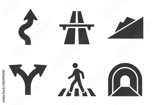 Road and transportation icons. pathways and travel scenarios. essential for navigation and design.