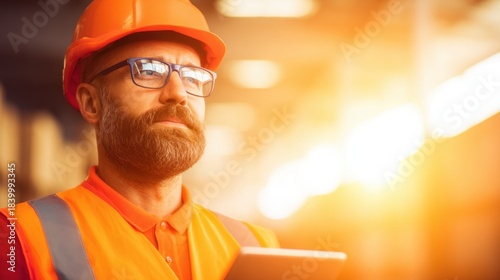 Wallpaper Mural Worker with safety gear checks tablet in industrial setting during daylight Torontodigital.ca