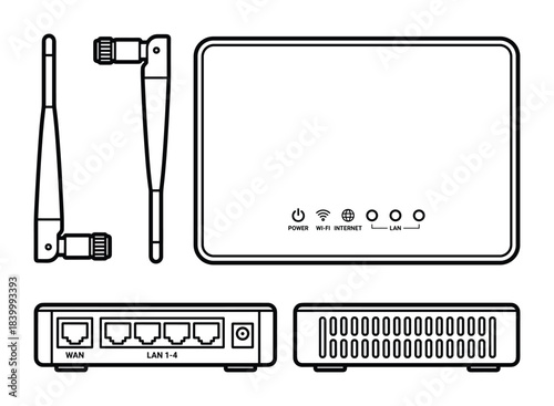 Router detailed views. Wifi internet device outline. LAN WAN ports. Power and signal indicators.