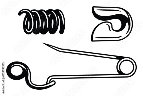 Safety pin outline illustration, classic accessory, coil spring, clasp, sharp point, simple design.