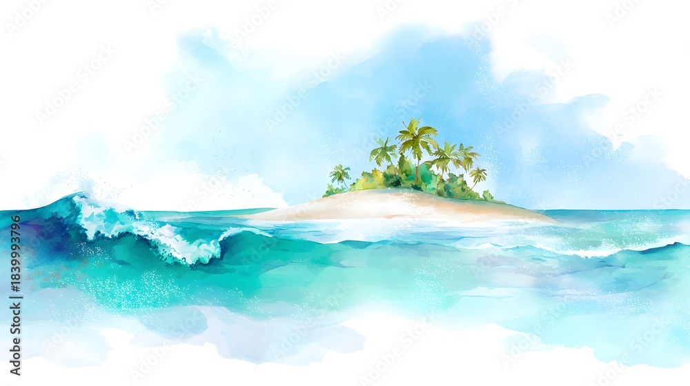 Naklejka premium Serene tropical island watercolor illustration peaceful white sand beach turquoise ocean sunlight waves
