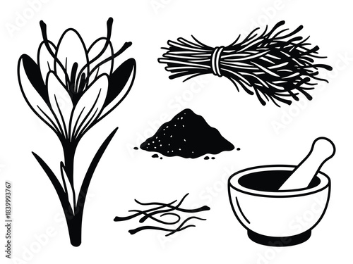 Saffron flower, stigmas, crocus plant, spice powder, herbal bundle, mortar and pestle vector set.