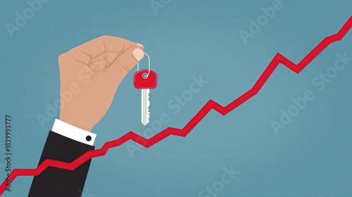 Hand holding a single house key against a background of an upward trending red line graph
