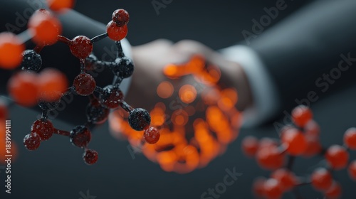Professional agreement symbolized by intertwined hands over glowing molecular structures