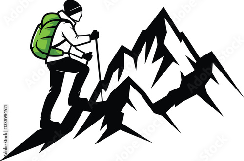 Mountain Climber Trekking Hiking Trail Adventure Backpack Peak Summit Landscape Vector Illustration, Outdoor Sport Activity, Extreme Alpine Nature Explorer, 
