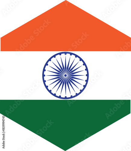 Indian flag in a unique hexagonal shape with saffron, white, and green stripes and the Ashoka Chakra.