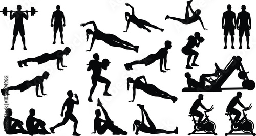 Vector Silhouette Set of People Exercising Various Sports and Workout Activities Including Weightlifting, Cardio, Bodyweight, Yoga, Gym Equipment, and Stretching for Fitness