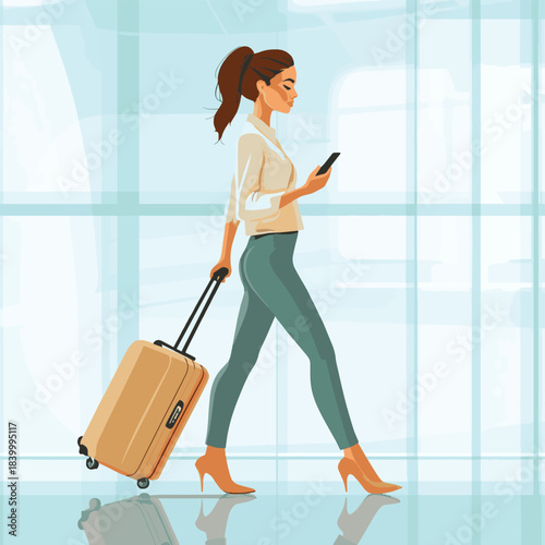 Stylish businesswoman pulling luggage while using her phone at the airport, perfect for travel blogs and business presentations about international work , vector style simple color