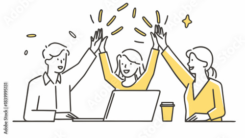Three colleagues celebrating success with high fives and confetti in a modern office setting design