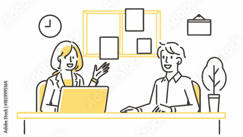 Illustration of a woman at a laptop talking to a man in an office setting with decorations around them