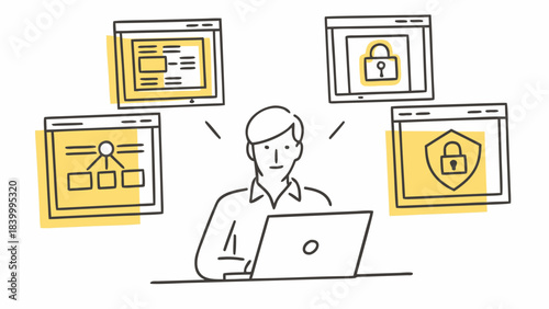 Person working on laptop with four windows displaying website layout security and organization diagrams