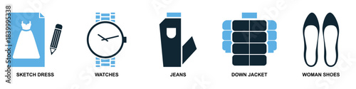 Set clothes icon vector for fashion retail and wardrobe management apps. Symbolizes style, apparel, and dressing choices. Ideal for online shops and laundry services.	

