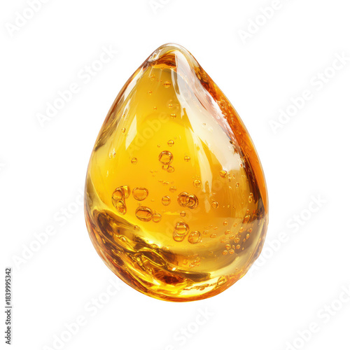 A single viscous golden liquid drop with small bubbles isolated on transparent background