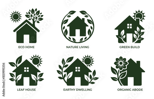 Set of green house logos. Eco friendly dwelling symbols. Nature inspired home and sustainable living badges.