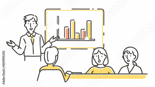 Man presenting bar graph to a group of three people in a meeting with a white background scene view