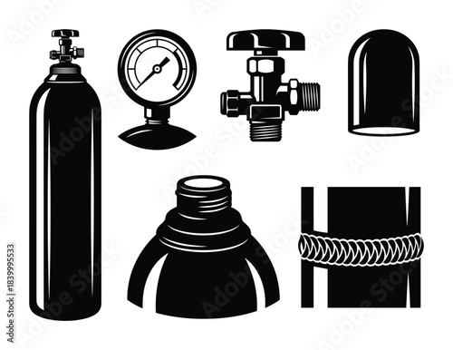 Set of industrial gas cylinder parts, pressure gauge, valve, cap, and welding process element