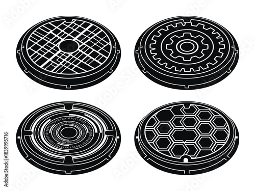 Set of manhole covers in black and white style, sewer cover, round metal manhole, element.