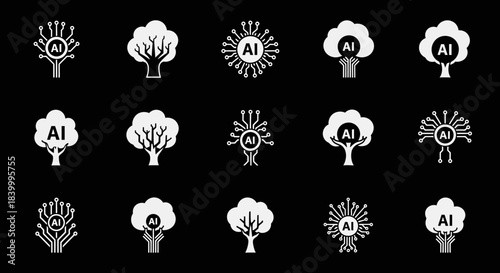 Diverse artificial intelligence tree icons for innovative tech branding, showcasing modern AI solutions and cutting edge innovation, originally a scalable graphic