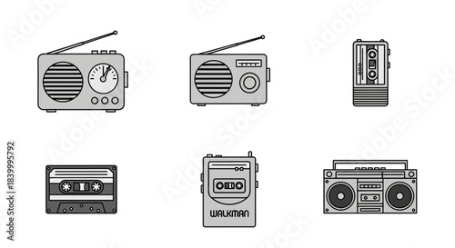 Принти на полотні Retro audio collection featuring vintage radios cassette players and boomboxes f