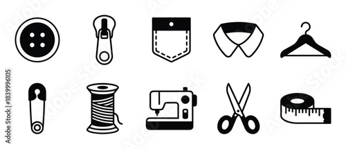 Sewing equipment and tailoring tools solid icon set. Fashion accessories vector illustration. Craft elements.