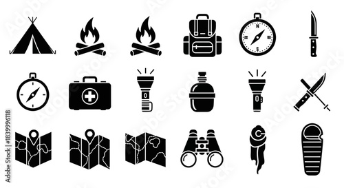 Essential outdoor adventure icons perfect for travel guides, camping gear, and survival planning graphics