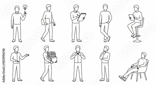 Business people line art illustration set various poses actions including idea standing walking writing presenting carrying documents relaxing thinking and sitting