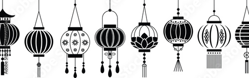 Black and white Chinese lantern silhouettes, traditional Asian festival decorations, cultural hanging ornaments, Lunar New Year symbols, isolated vector illustration set