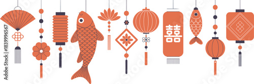 Chinese New Year hanging decorations, lanterns, fish symbols, floral ornaments, festival charms, lucky motifs, traditional celebration elements, flat illustration design