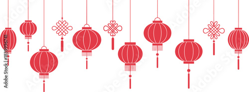 Minimalist red Chinese lanterns, Lunar New Year decorations, traditional hanging ornaments, festival symbols, Asian cultural celebration elements, clean vector illustration design