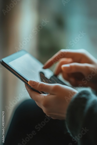A close-up view of hands holding a tablet while tapping the screen in a soft, blurred indoor setting