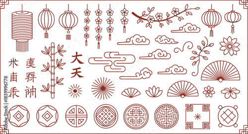Traditional Chinese decorative elements collection with lanterns, clouds, flowers, bamboo, fans, patterns, calligraphy, minimalist red line art design illustration