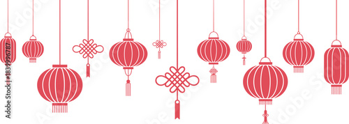 Minimalist red Chinese lanterns, Lunar New Year decorations, traditional hanging ornaments, festival symbols, Asian cultural celebration elements, clean vector illustration design