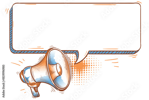 Retro hand-drawn megaphone with empty blank speech bubble — vector illustration