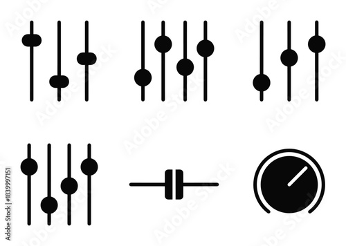 Sound mixer faders vector icons. Volume control. Audio adjustment. Equalizer elements. Music symbols.