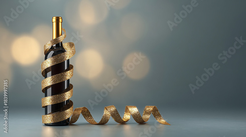 Festive wine bottle with metallic gold ribbon wrap
