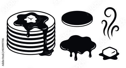 Stack of pancakes. Warm breakfast food. Dripping syrup. Melted butter. Hot steam. Sweet meal vector.