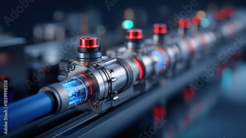 A futuristic industrial setup featuring advanced mechanical components and illuminated pipes, emphasizing technology and engineering.