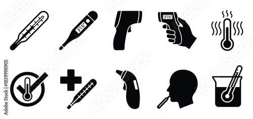 Thermometer types set. Medical devices for measuring body temperature, fever detection, health monitoring.