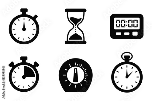 Time measurement icons. Stopwatches, hourglass. Digital timer. Punctuality and deadlines.
