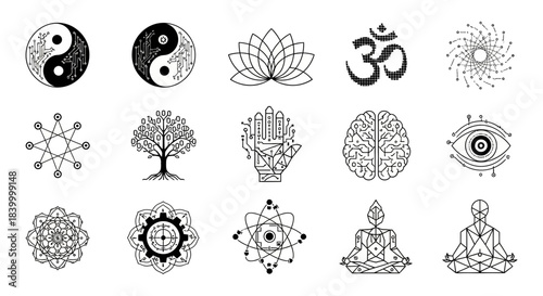 Modern abstract geometric icons representing interconnected concepts of technology, spirituality, and consciousness for innovative designs.