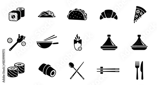 Collection of diverse food icons representing global cuisine and dining essentials for culinary projects and restaurant branding