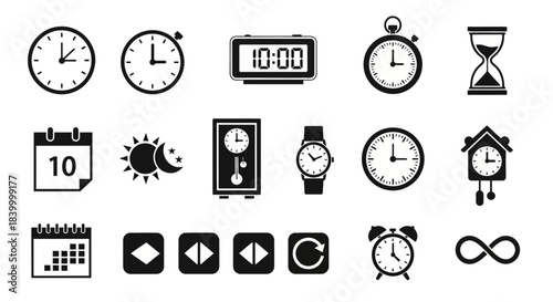 Essential timekeeping icons capturing moments, schedules, and timeless concepts for modern design and business