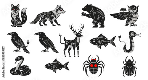 Discover a collection of stylized robotic animals, including foxes, bears, owls, deer, birds, fish, snakes, spiders, and beetles, perfect for modern tech concepts.