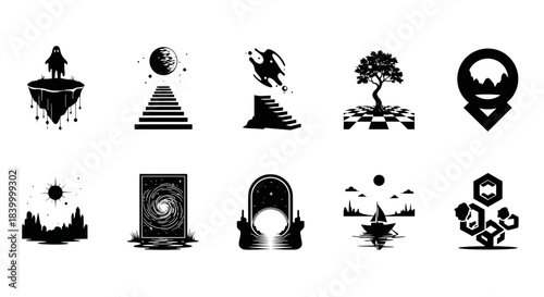 Discover surreal and symbolic minimalist icons for your next creative project, perfect for branding and abstract concepts.