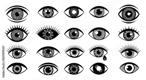 Collection of diverse abstract black and white eye icons featuring intricate patterns and geometric designs, perfect for modern branding and mystical concepts