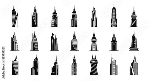Modern architectural icons showcasing diverse skyscraper designs for urban development and city branding projects