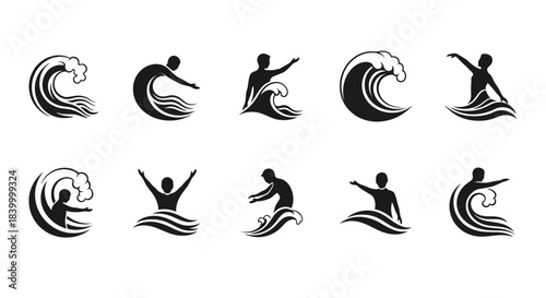 Dynamic collection of stylized human figures interacting with flowing waves, perfect for adventure and water sports branding